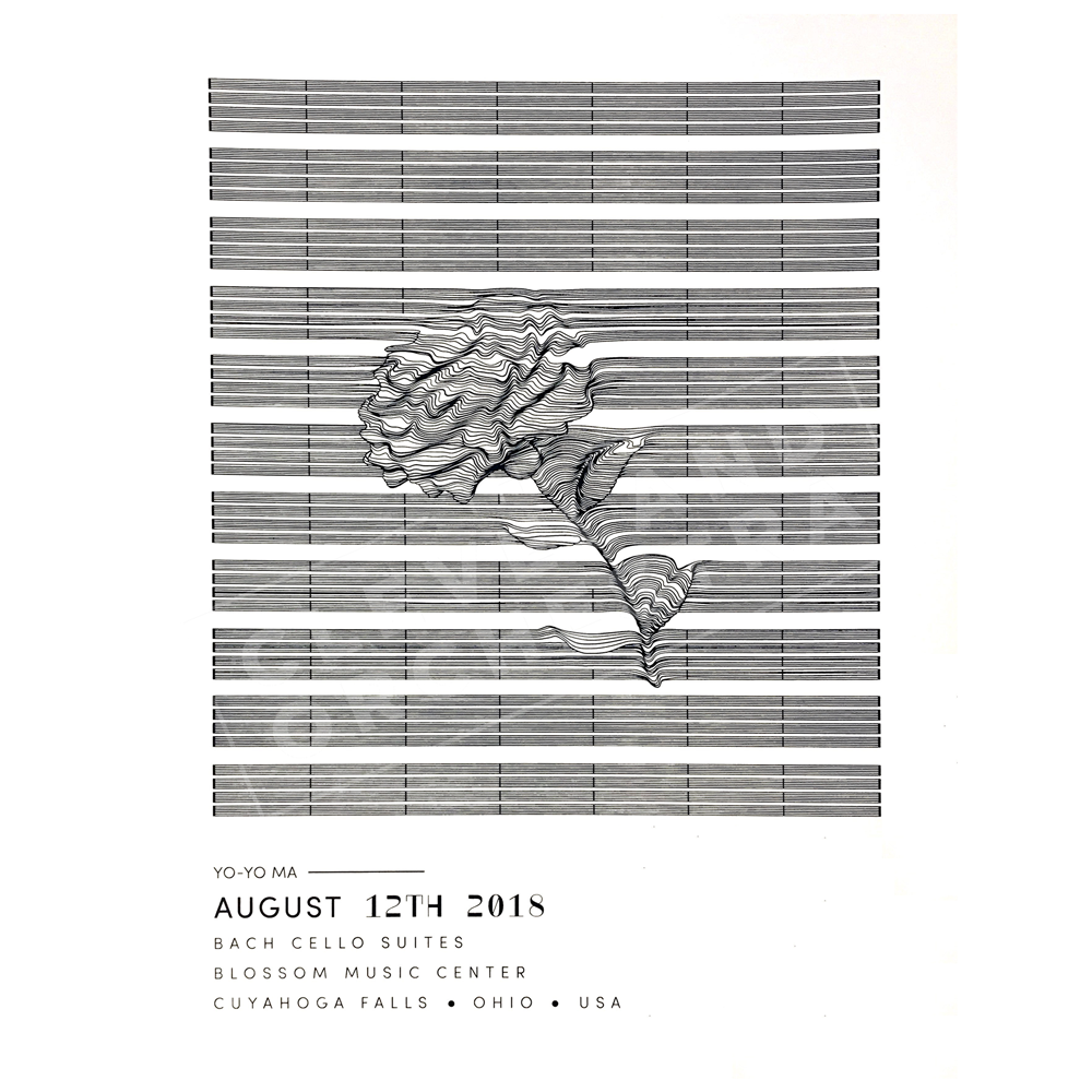 Concert poster featuring a black and white design with text and a leaf motif, commemorating Yo-Yo Ma's performance at Blossom Music Center.