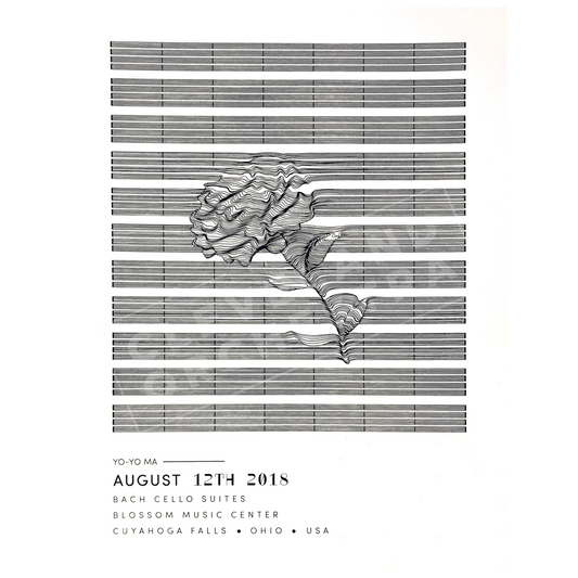 Concert poster featuring a black and white design with text and a leaf motif, commemorating Yo-Yo Ma's performance at Blossom Music Center.